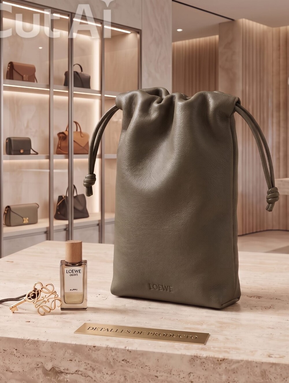 Loewe Olive Brown Leather Drawstring Pouch